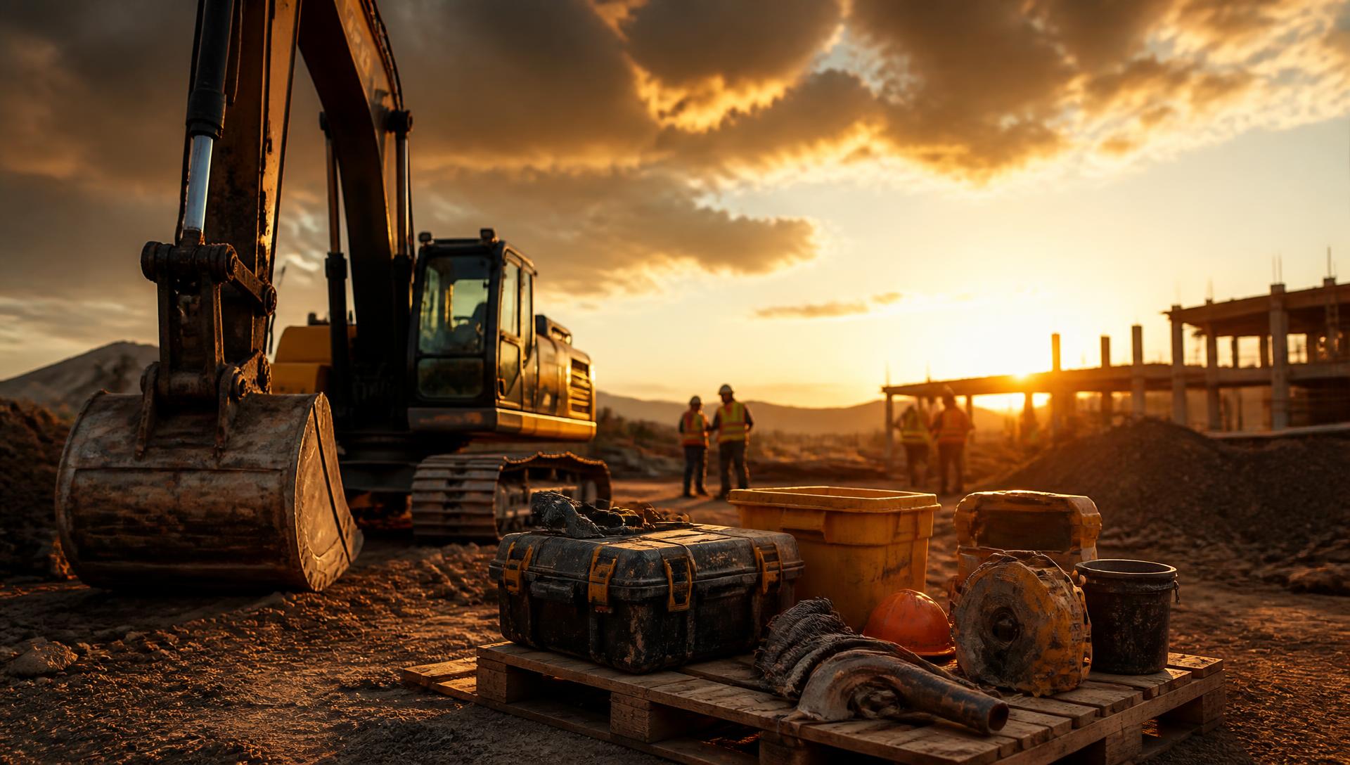 Construction site with heavy equipment and tools at golden hour